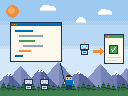 Pixel art: an engineer beside a board of code, and an agent passing work to a finished, ticked window