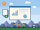 Pixel art: a dashboard and a stack of documents, with the team standing in front of it
